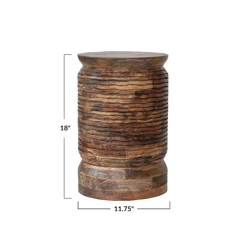 Hello Honey® Natural Round Mango Wood Carved Line Stool Table