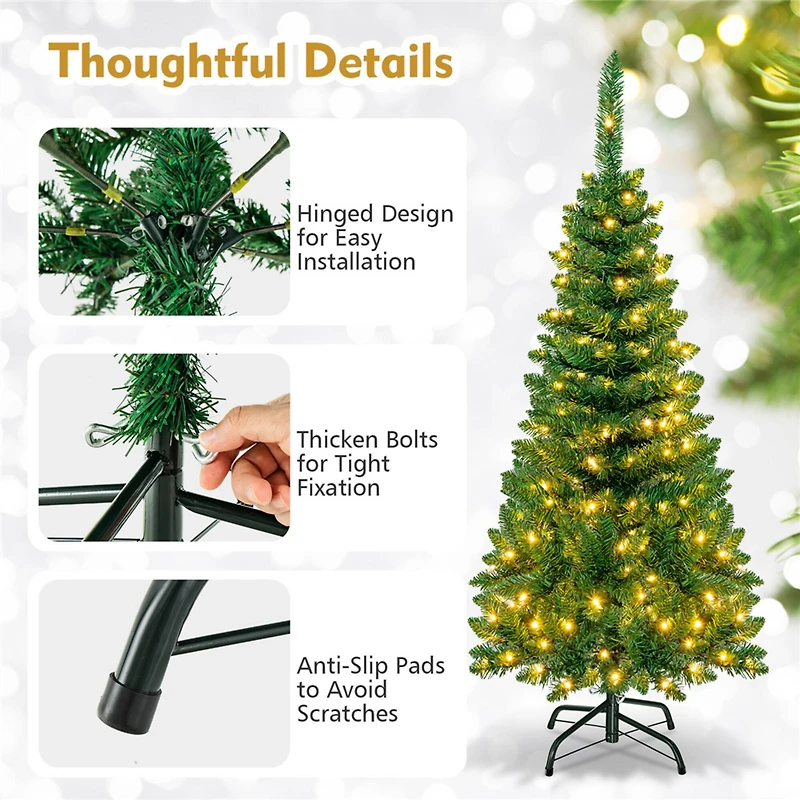 Costway 4.5ft Pre-Lit Hinged Pencil Christmas Tree, Warm White LED Lights
