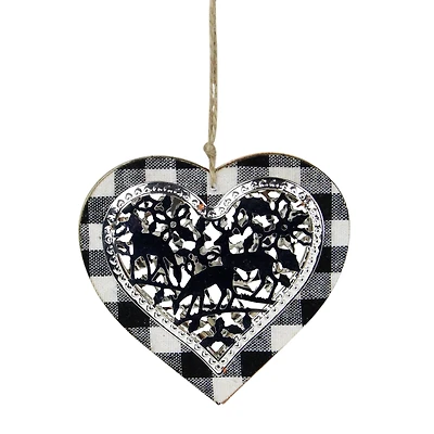 4.25" Black and White Buffalo Plaid Heart with Reindeer Christmas Ornament