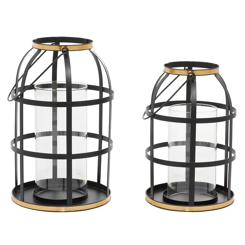 Set of 2" Black Metal Industrial Lantern , 14", 12"