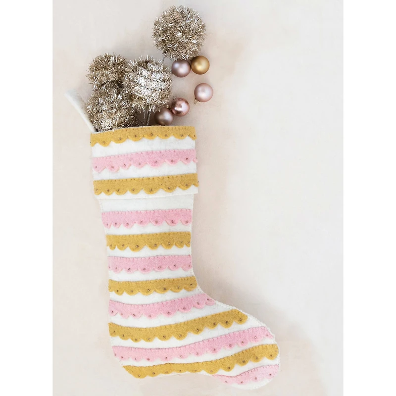 Hello Honey® 19" Pink, Cream & Mustard Wool Felt Stocking with Appliqued Scallops & Beads