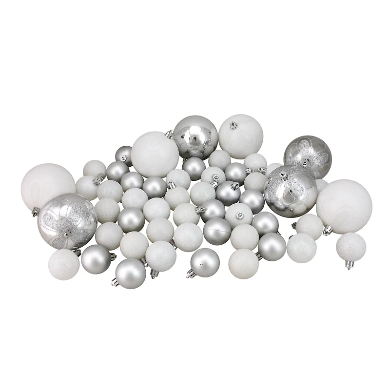 125ct. Winter White & Silver Shatterproof 4-Finish Christmas Ornaments