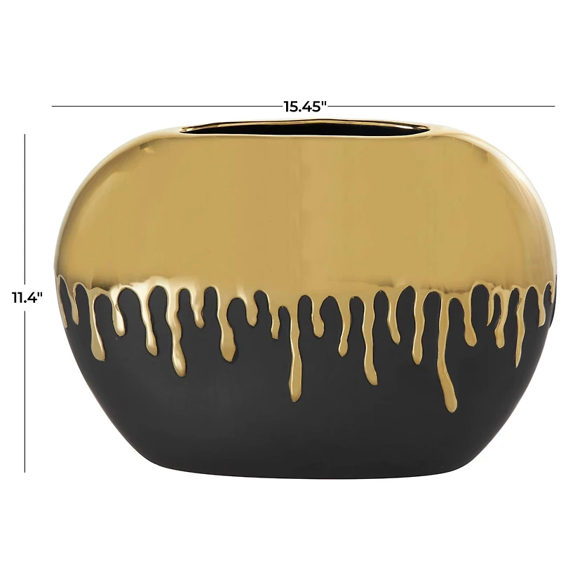 CosmoLiving by Cosmopolitan 11" Black Ceramic Vase with Abstract Gold Melting Drips
