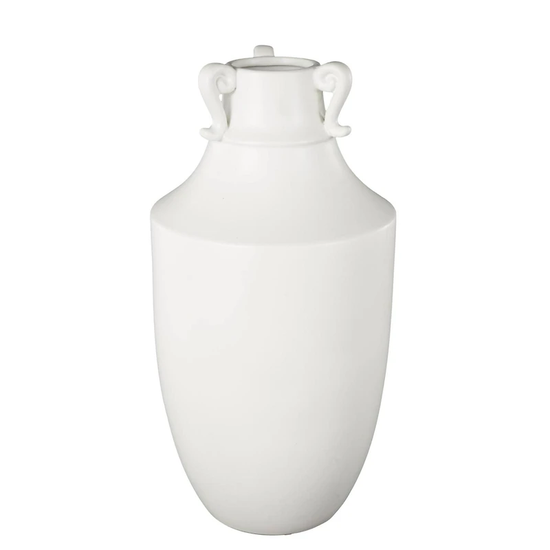 18.25" White Ceramic Sleek Amphora Vase with Scroll Handles