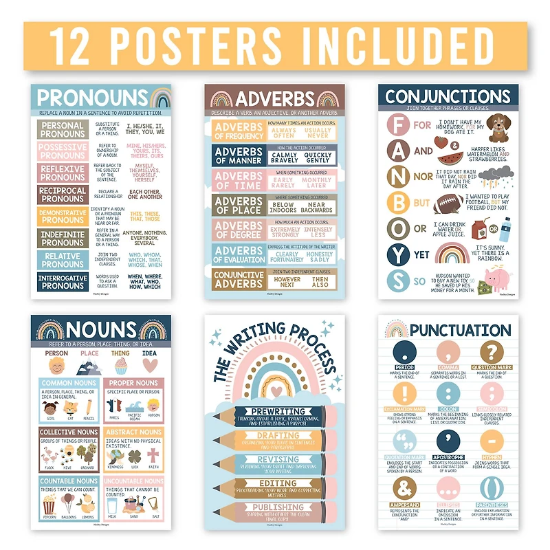 Hadley Designs 11" x 17" Boho Parts of Speech Language Arts and Grammar Laminated Posters Set