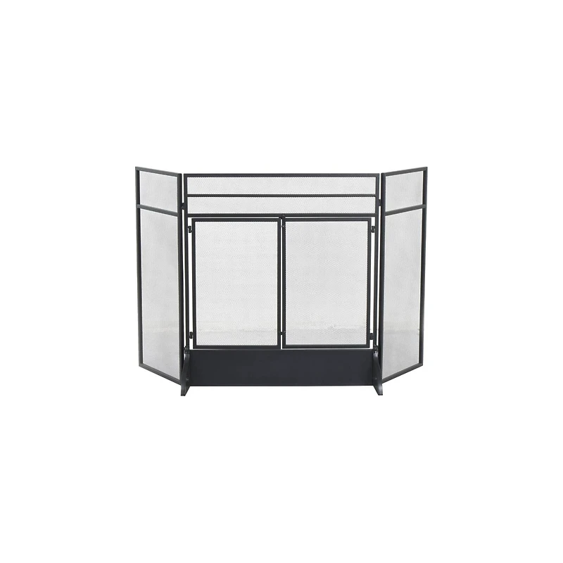 29" Tall Black Metal 3 Panel 2 Door Fireplace Screen with Mesh Backing