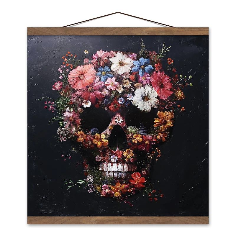 Floral Skull Painting 16" x 16" Teak Hanging Canvas