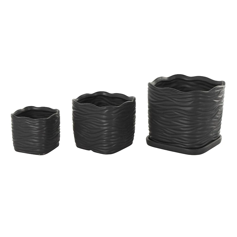 Black Wavy Ribbed Ceramic Planter Set