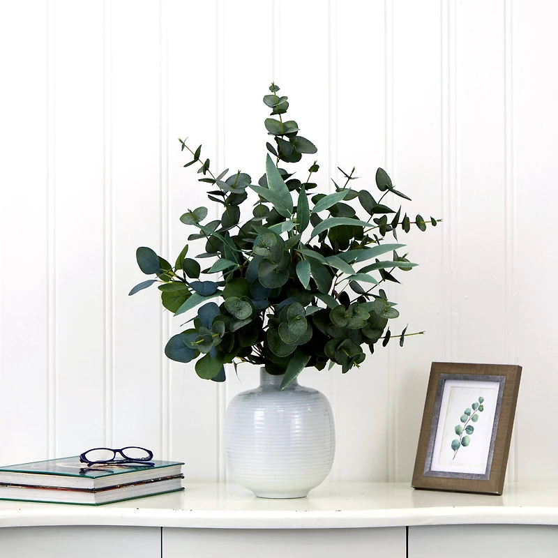 24" Artificial Green Eucalyptus Leaves Arrangement with Ceramic Planter