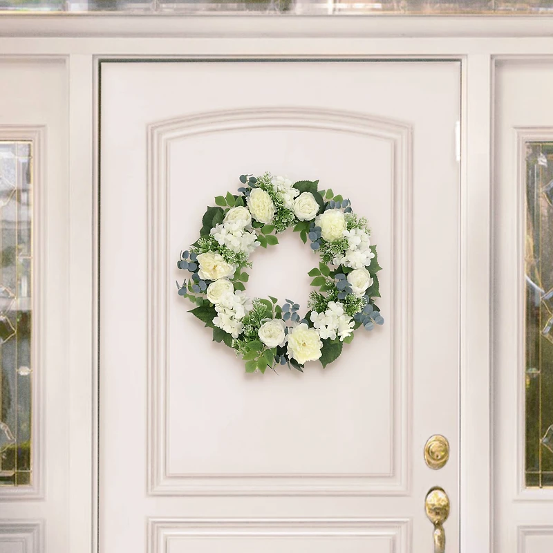 26" Artificial Peony, Hydrangea & Rose Floral Spring Wreath