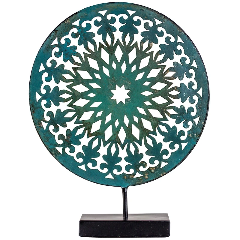15" Turquoise Rustic Metal Medallion Sculpture