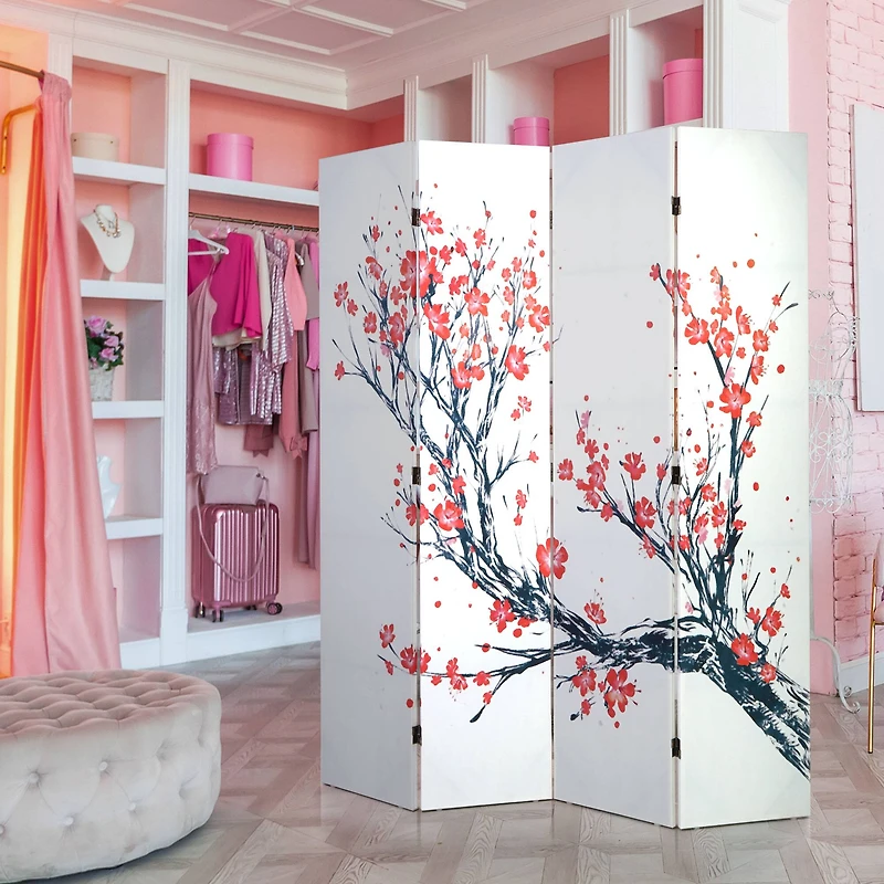 American Art Decor™ 6ft. Double-Sided 4-Panel Red & Blue Cherry Blossom Tree Canvas Room Divider