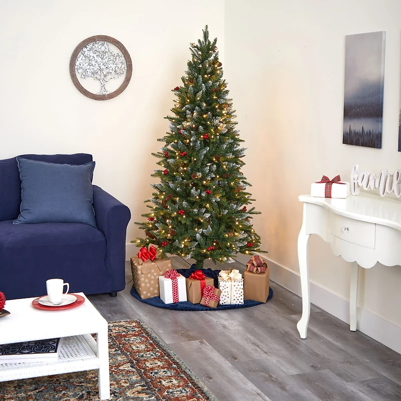 6ft. Pre-Lit Snow Tipped Portland Spruce Artificial Christmas Tree with Frosted Berries and Pinecones, Clear LED Lights