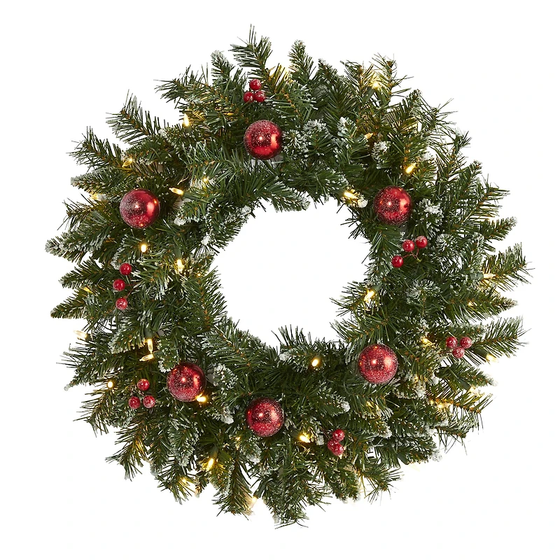 24" White LED Frosted Christmas Wreath with Ornaments & Berries