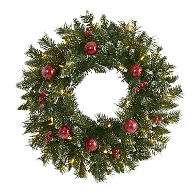 24" White LED Frosted Christmas Wreath with Ornaments & Berries