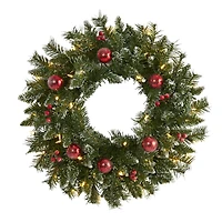24" White LED Frosted Christmas Wreath with Ornaments & Berries