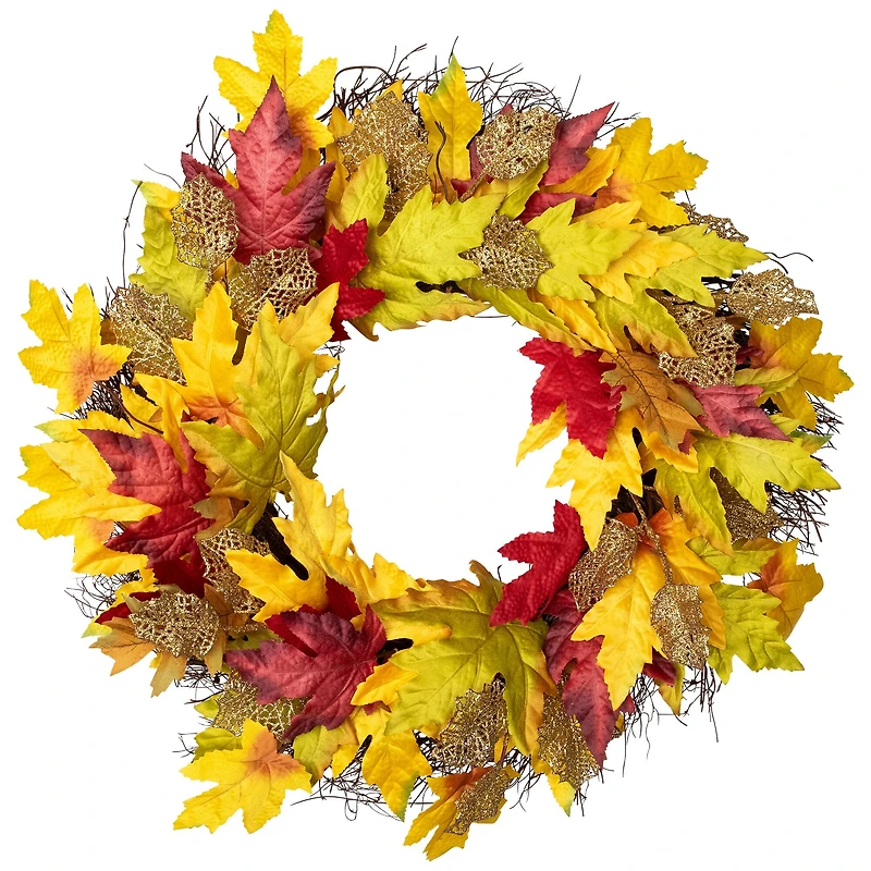 22" Unlit Autumn Harvest Artificial Maple Leaves Thanksgiving Wreath