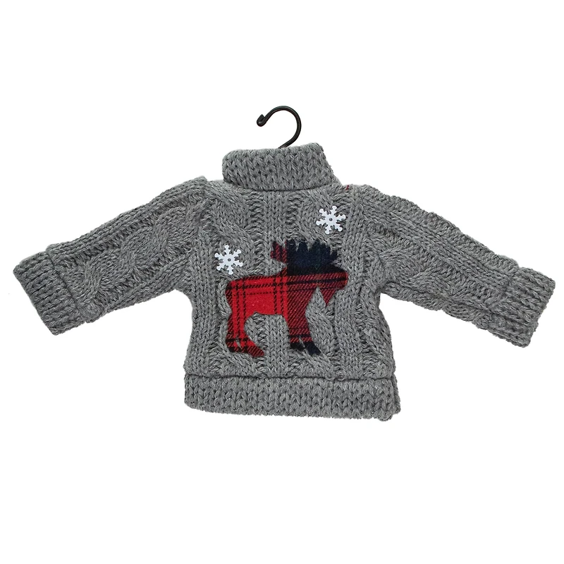 Ugly Sweater with Plaid Moose Christmas Ornament - 9" - Gray