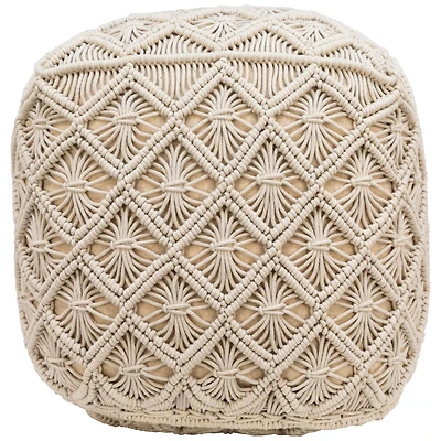 18" Beige Macramé Natural Cotton Square Pouf