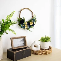 12" Blue & Tan Poppy Floral Wooden Spring Basket Wreath