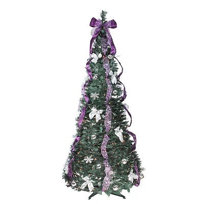6ft. Pre-Lit Purple & Silver Pre-Decorated Pop-Up Artificial Christmas Tree, Clear Lights