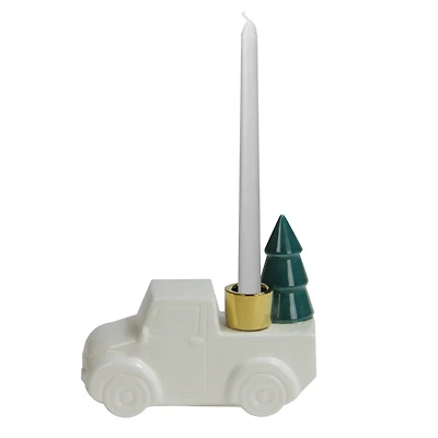 5" White Ceramic Truck with Christmas Tree Taper Candlestick Holder