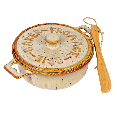 Hello Honey® 9.1" Reactive Glaze Design Stoneware Brie Baker with Bamboo Canapé Spreader Knife