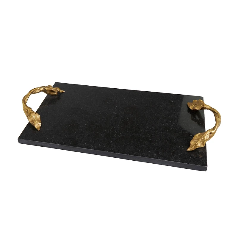 20.5" Black Marble Rectangular Tray with Gold Leaf Handles