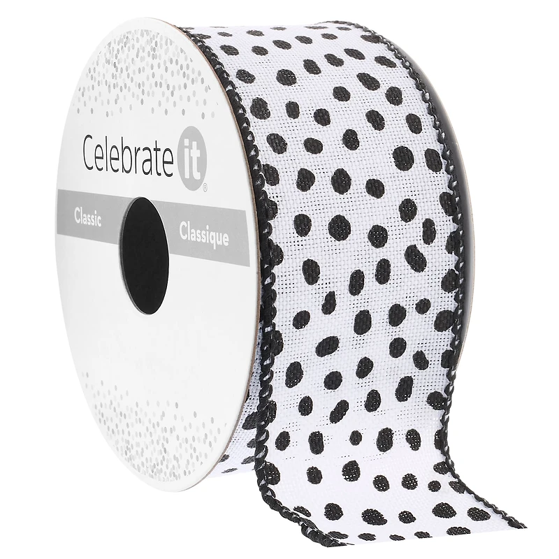 1.5" x 3yd. White & Black Faux Linen Wired Dots Ribbon by Celebrate It® Classic