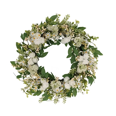 30" White Mum & Daisy Floral Spring Wreath