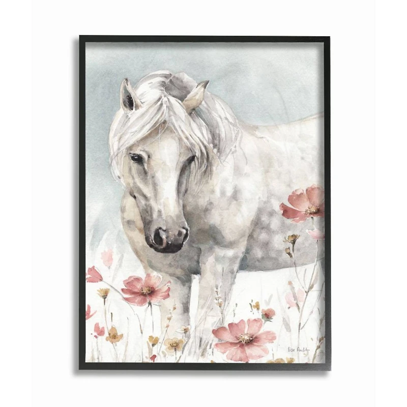 Stupell Industries Beautiful Horse & Pink Flowers Wall Art in Black Frame