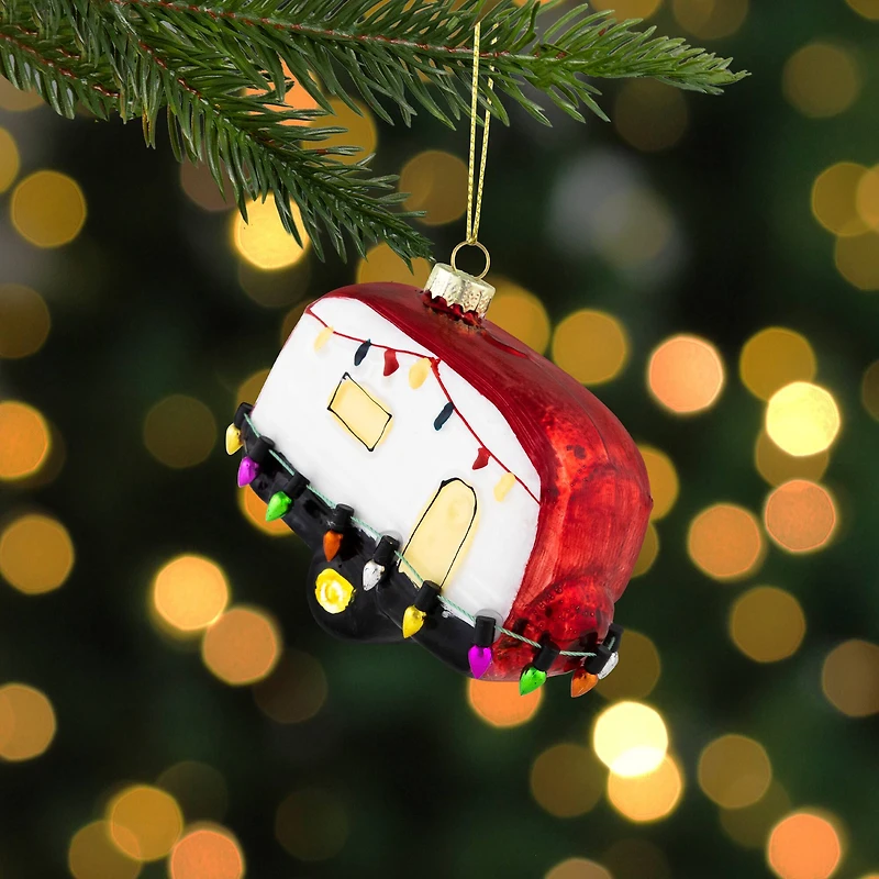 Decked Out Holiday Camper Glass Christmas Ornament - 3" - White and Red