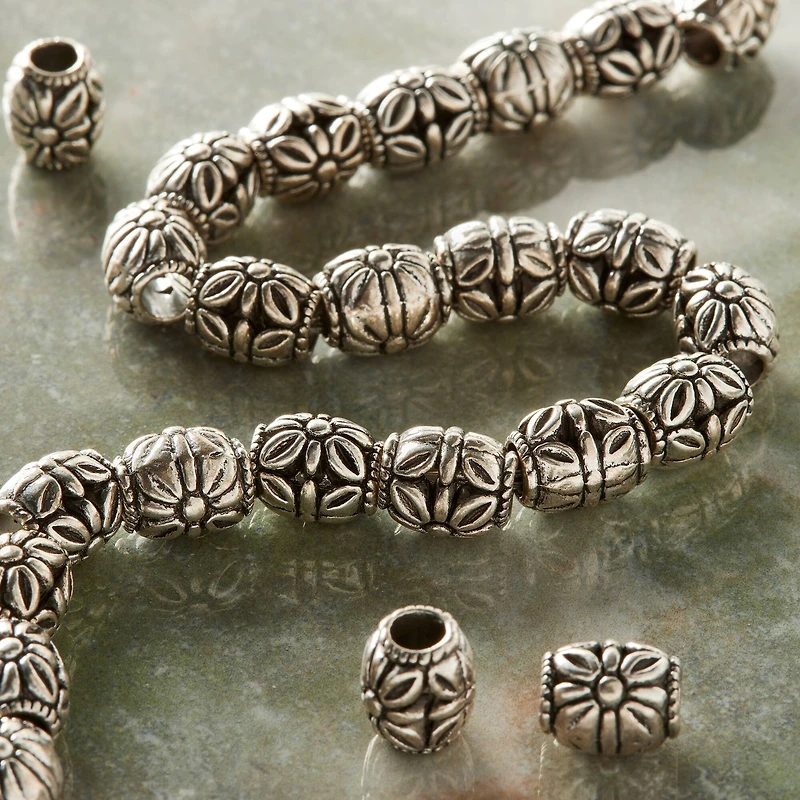 Silver-Plated Antique Flower Carved Tube Beads, 10mm by Bead Landing™