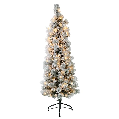 6 Pack: 4.5ft. Pre-Lit Flocked Portland Pine Pencil Artificial Christmas Tree, Clear Lights