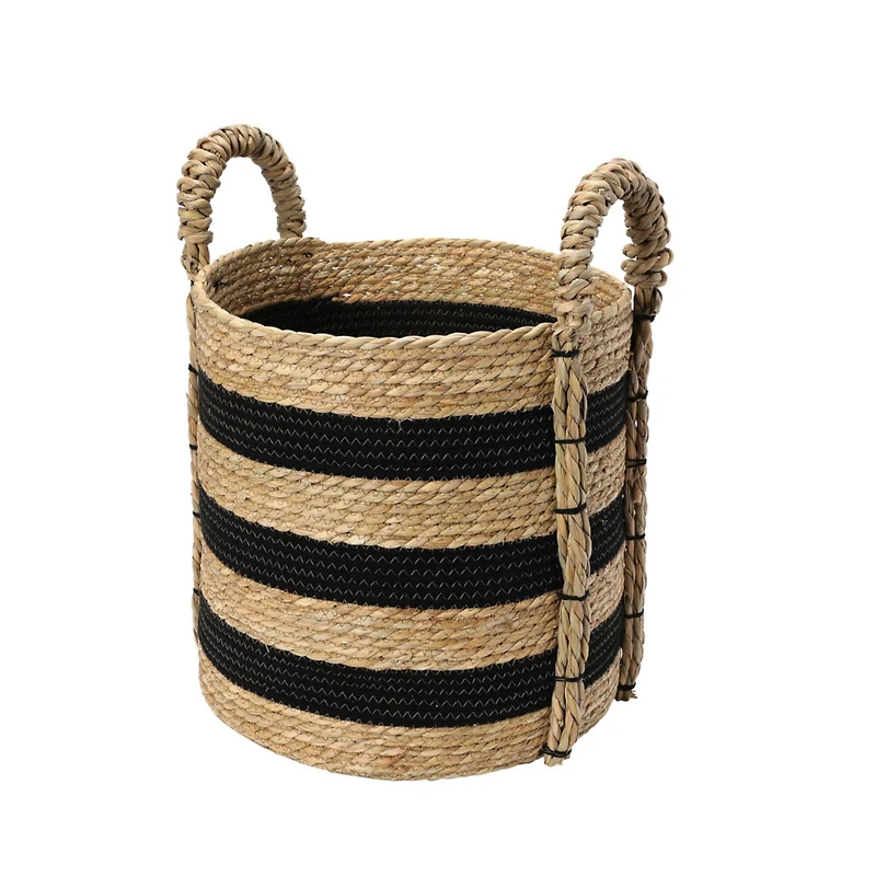 Household Essentials 20" Black & Natural Stripes Braided Basket with Handles