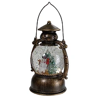 8" Black with Brushed Gold LED Snowman & Christmas Trees Snow Globe Lantern