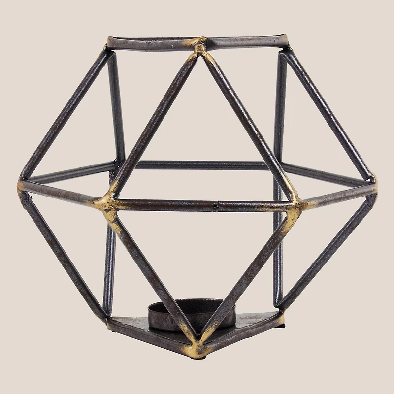 7.5" Dark Silver & Gold Geometric Metal Candle Holder