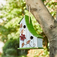 Glitzhome® 13" White Distressed Wood Birdhouse with Green Roof