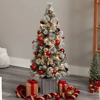 4ft. Pre-Lit Winter Flocked Artificial Christmas Tree in Decorative Planter, White LED Lights