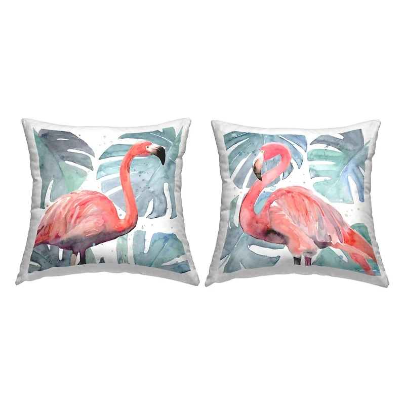 Stupell Industries Tropical Pink Flamingo Green Monstera Leaves 2 Pillow Set, 18" x 18"