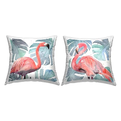 Stupell Industries Tropical Pink Flamingo Green Monstera Leaves 2 Pillow Set, 18" x 18"