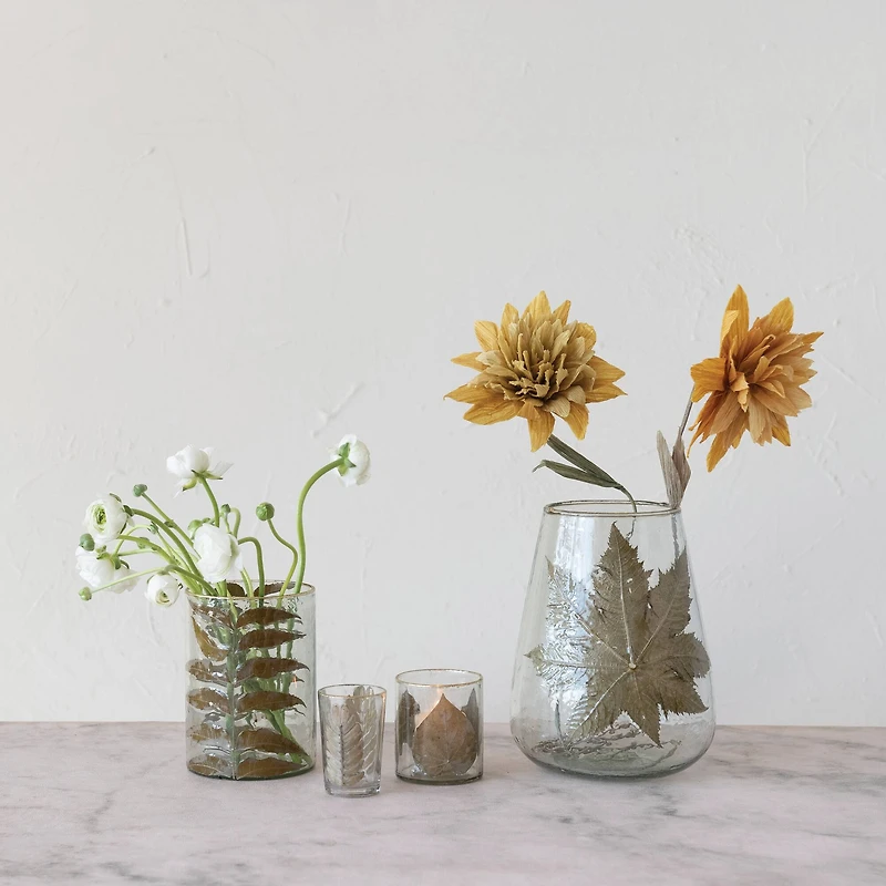 Hello Honey® 6.5" Embedded Neem Leaves & Foil Edge Handblown Glass Hurricane