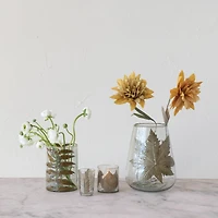 Hello Honey® 6.5" Embedded Neem Leaves & Foil Edge Handblown Glass Hurricane