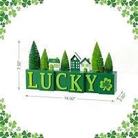 Glitzhome® 14" St. Patrick's Wooden House and Brush Trees "LUCKY" Table Decor
