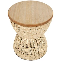 19" Rattan Woven Stool with Wood Tabletop and Black Frame
