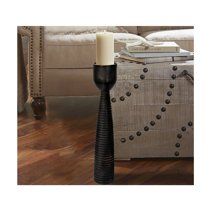 Hello Honey® 20" Black Mango Wood Ribbed Pillar Candle Holder