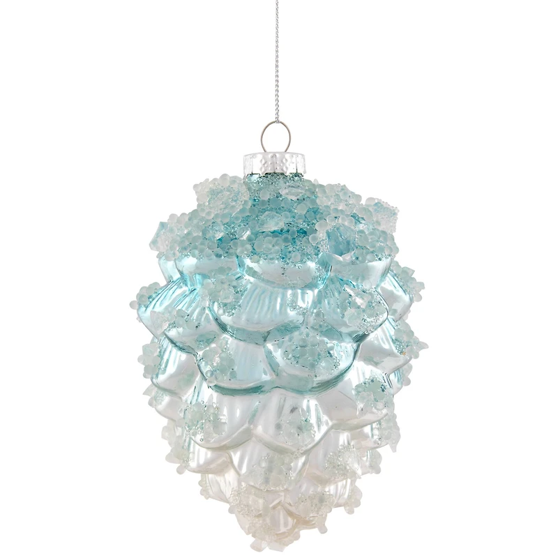 Icy Pine Cone Glass Christmas Ornament - 4.75" - Blue and White