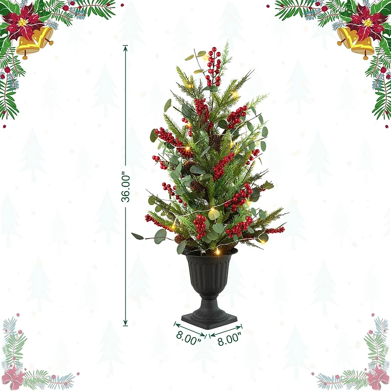 3ft. Pre-Lit Pine Needle & Eucalyptus Leaf Artificial Urn Christmas Porch Tree, Warm White LED Lights