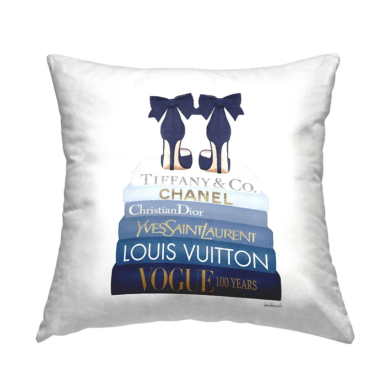 Stupell Industries Navy Blue Fashion Heels Glam Brand Bookstack Throw Pillow, 18" x 18"