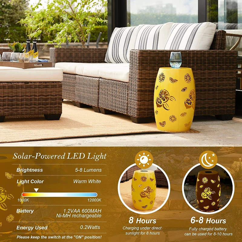 Glitzhome® 18.5" Yellow Iron Cutout Lemon Pattern Solar LED Garden Stool